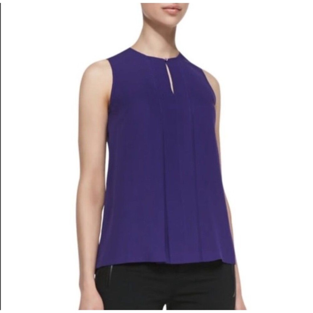 Vince Blouse Womens XL Purple 100% Silk Sleeveless Pleated Button Keyhole